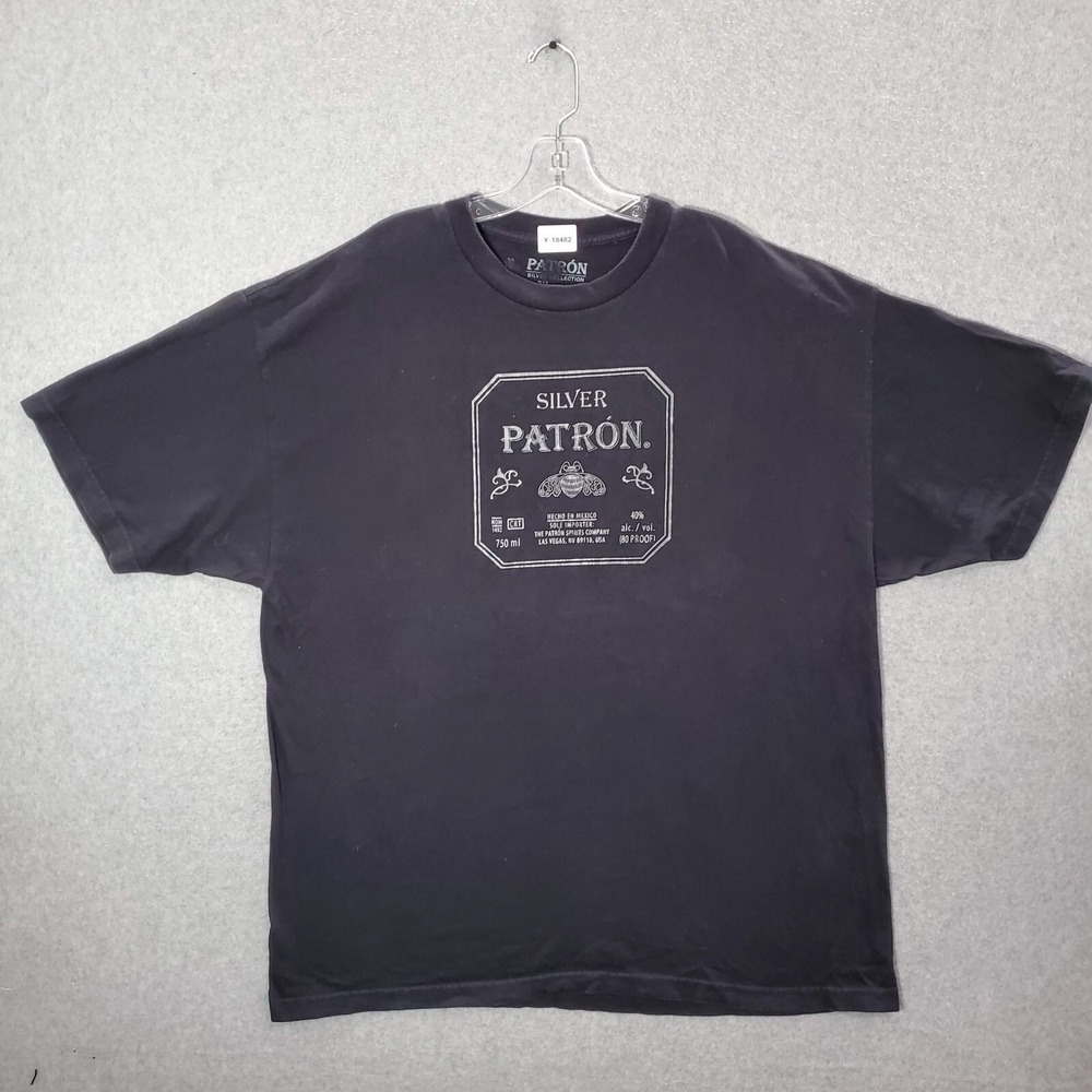 Patron Men Shirt 2XL Black SIlver Logo Graphic Print Crew Neck Short Sleeve Tee